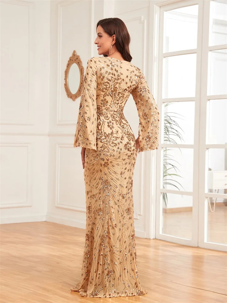 Luxury Champagne Evening Dresses For Women 2023 Long Sleeve Mermaid Formal Sequins V-neck Prom Wedding Party Gowns-payinti