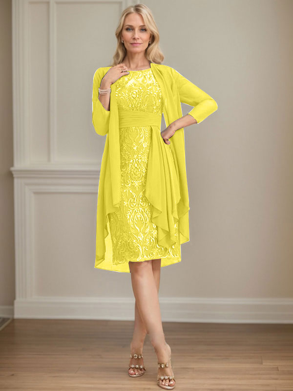 Vestido de madre de la novia de gasa con encaje, escote redondo, ilusión, largo hasta la rodilla, con volantes en cascada y lentejuelas