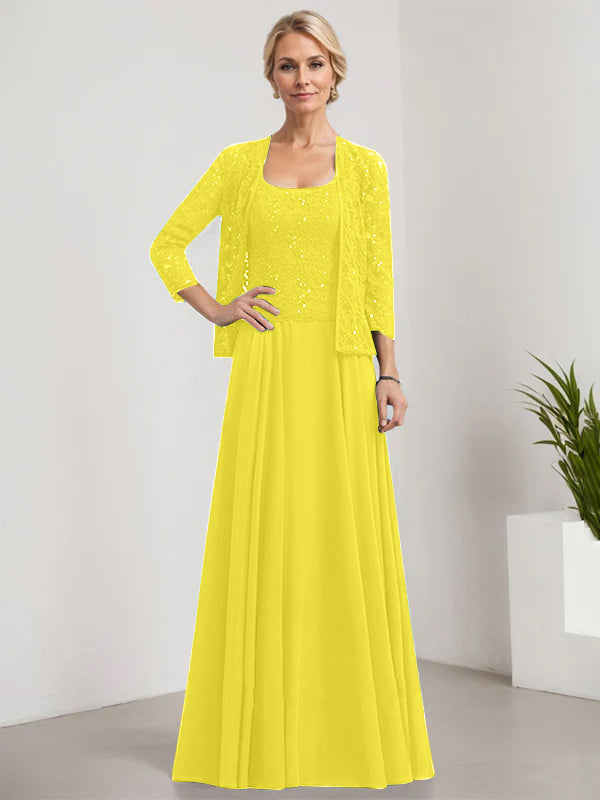 Vestido de madre de la novia de gasa con encaje, corte A, largo hasta el suelo, cuadrado y lentejuelas
