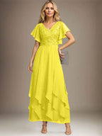 Vestido de gasa con encaje y escote en V hasta los tobillos para madre de la novia con volantes en cascada