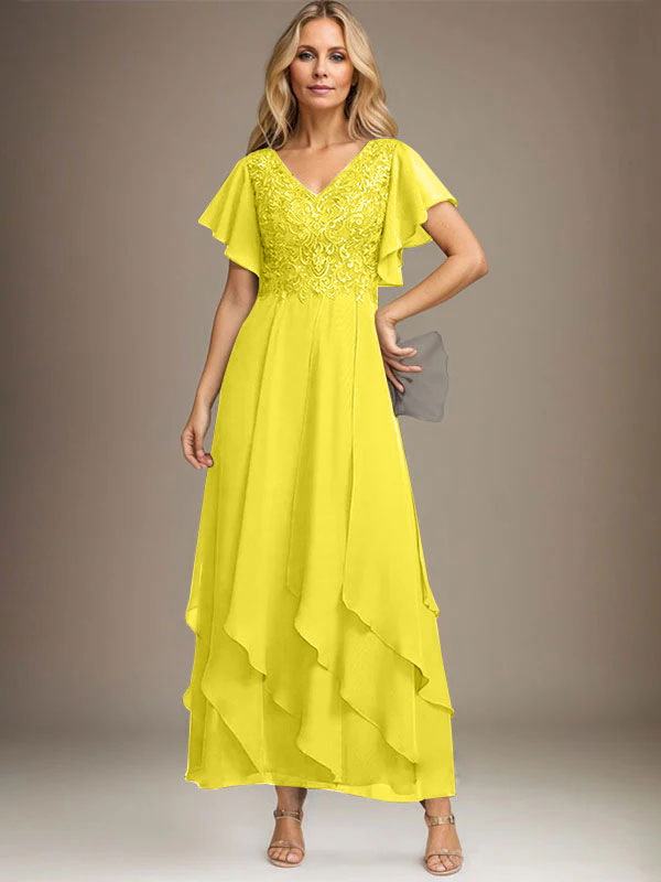 Vestido de gasa con encaje y escote en V hasta los tobillos para madre de la novia con volantes en cascada