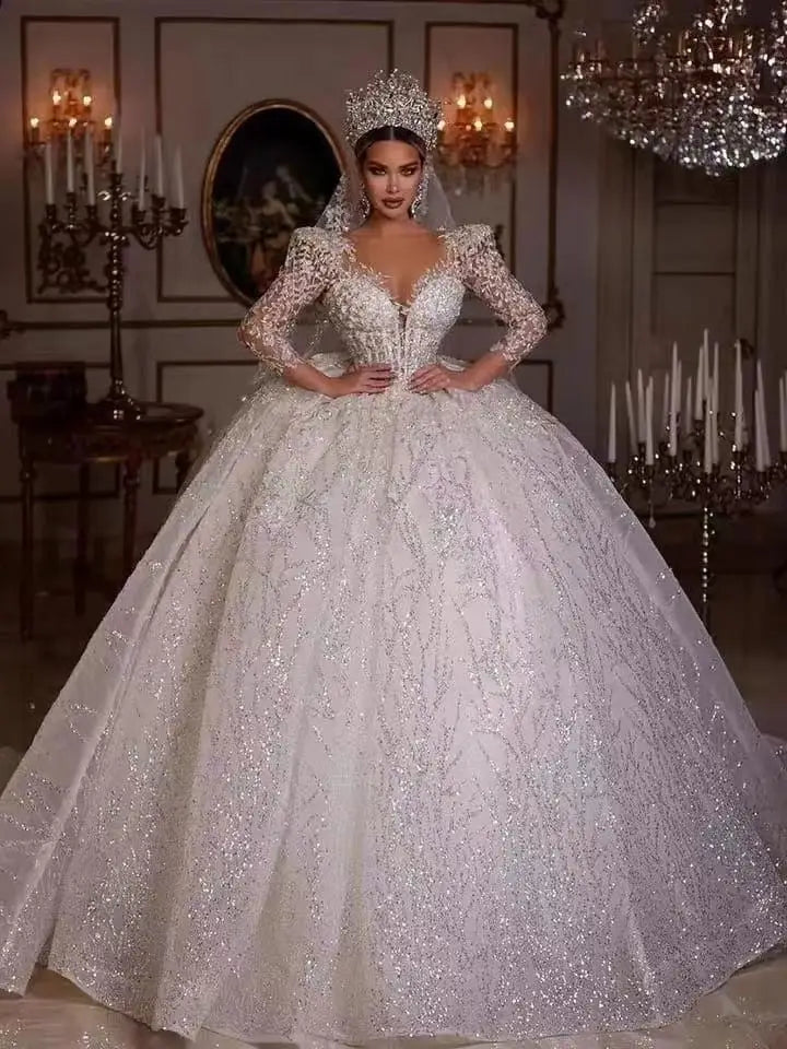 Luxurious Ball Gown Sparkly Wedding Dresses 2023 V Neck Long Sleeve Robe De Mariee Lace Beaded Princess Glitter Vestido De Novia-payinti