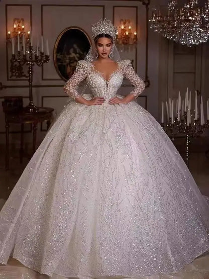 Luxurious Ball Gown Sparkly Wedding Dresses 2023 V Neck Long Sleeve Robe De Mariee Lace Beaded Princess Glitter Vestido De Novia-payinti