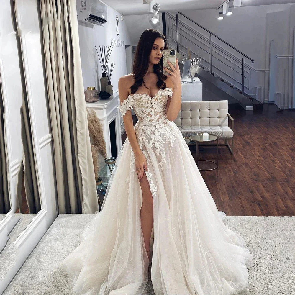 Off Shoulder Mopping Wedding Dresses Sweetheart Lace Beautiful Bridal Gowns Side Split Corset Sleeveless New 2023-payinti