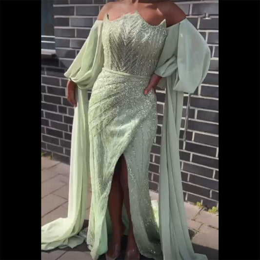 Luxuriöses, mintgrünes, mit Perlen besetztes Abendkleid im Meerjungfrau-Stil 2025 LA72096 für Damen, Hochzeitsfeier 