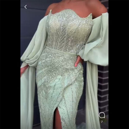 Luxuriöses, mintgrünes, mit Perlen besetztes Abendkleid im Meerjungfrau-Stil 2025 LA72096 für Damen, Hochzeitsfeier 