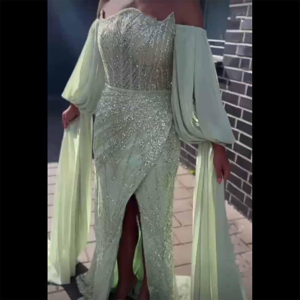 Luxuriöses, mintgrünes, mit Perlen besetztes Abendkleid im Meerjungfrau-Stil 2025 LA72096 für Damen, Hochzeitsfeier 