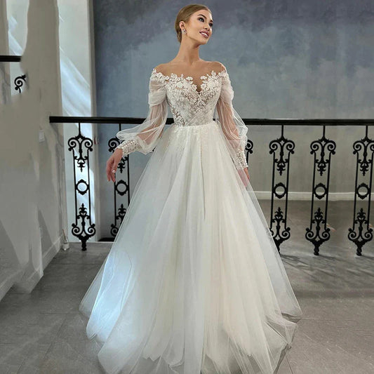 Luxurious White Bridal Gown Tulle with Applique Lace O-Neck A-Line Floor-Length Wedding Dress for Women vestidos de novia-payinti