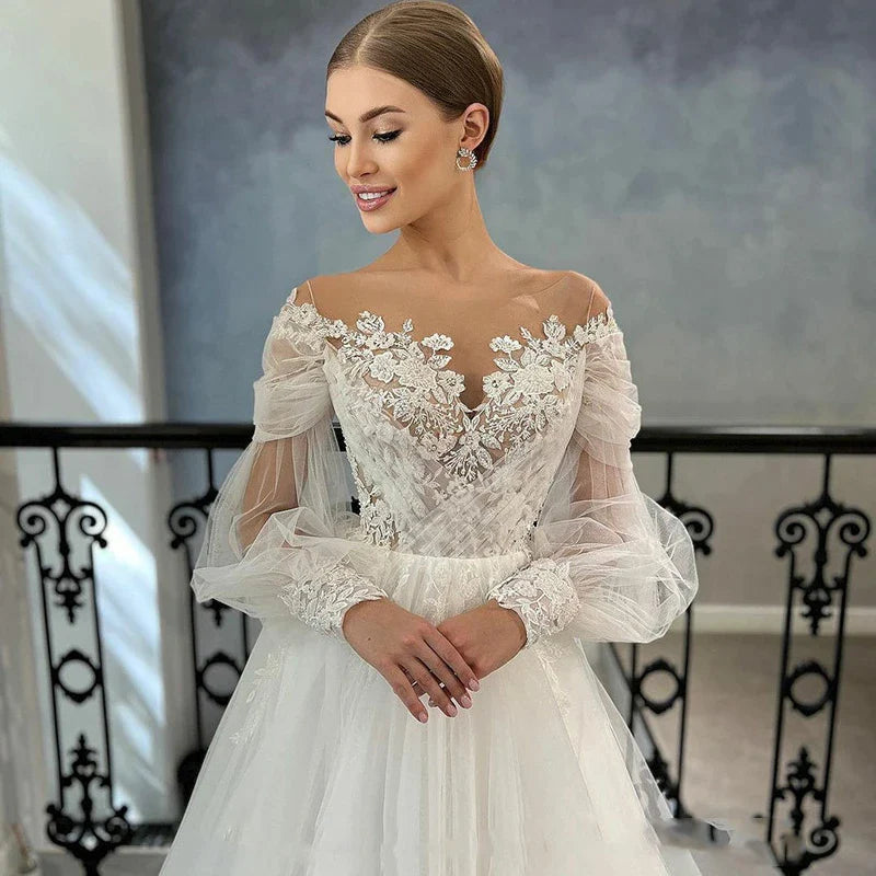 Luxurious White Bridal Gown Tulle with Applique Lace O-Neck A-Line Floor-Length Wedding Dress for Women vestidos de novia-payinti