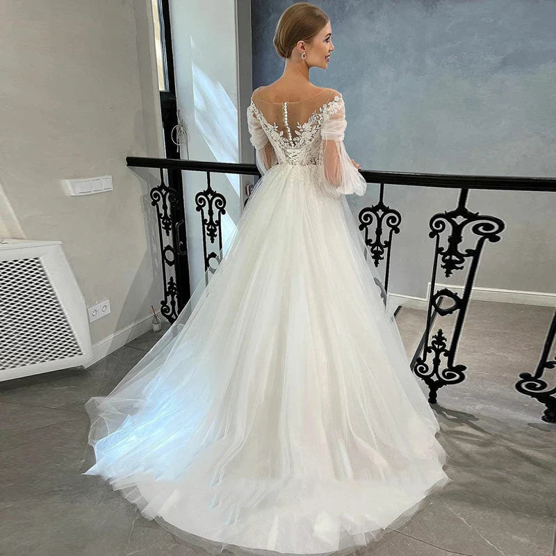 Luxurious White Bridal Gown Tulle with Applique Lace O-Neck A-Line Floor-Length Wedding Dress for Women vestidos de novia-payinti