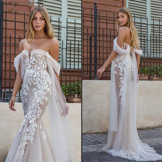 Luxury Applique Wedding Dress Women's Vestido De Noiva Plus Size Lace Mermaid Bridal Gownes Sexy Off Shoulder Sweetheart Seaside-payinti
