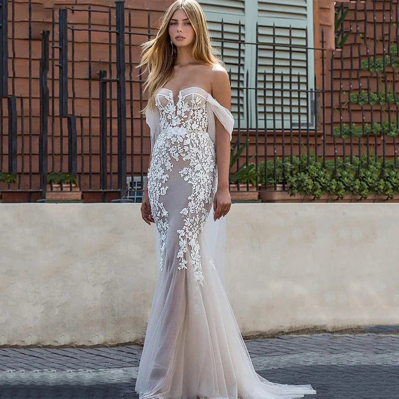 Luxury Applique Wedding Dress Women's Vestido De Noiva Plus Size Lace Mermaid Bridal Gownes Sexy Off Shoulder Sweetheart Seaside-payinti