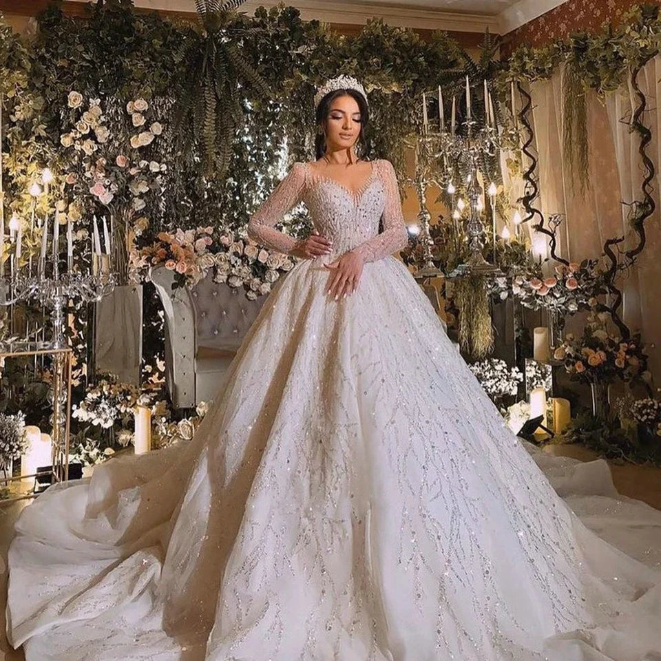Luxury Ball Gown Illusion Long Sleeves Wedding Dresses 2023 Scoop Neck Glitter Sequined Beading Bride Gowns Vestidos De Noiva-payinti