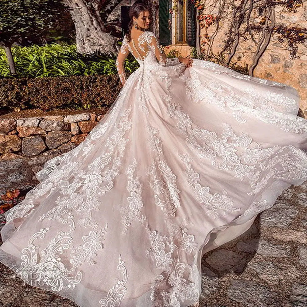 Luxury Ball Gown Vestidos De Novia Appliques Vestido De Noiva Long Sleeve Wedding Dresses Lace Robe De Mariée-payinti