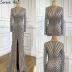 Luxury Black Beading V-Neck Mermaid 2025 Long  Split Evening   Gowns  Party Wear Dresses For  Women  Real Photo LA70183