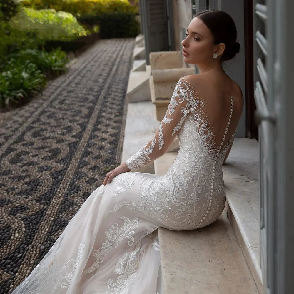 Luxury Crystal Wedding Dress Mermaid For Women Beading Sweetheart Lace Applique Sheer Illusion Long Bridal Gown Court Train 2023-payinti