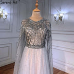 Luxury Gold Arabia Cape sleeves Beaded A-Line Evening Dresses Gowns 2025 For Woman Party LA71362