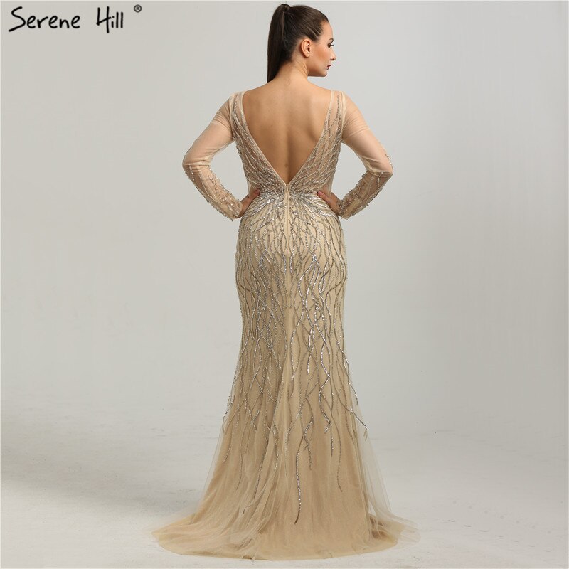 En oferta, sin devolución ni reembolso. Vestidos de noche grises de lujo de manga larga 2025. Vestido formal de sirena con lentejuelas y cuello redondo LA6418. 