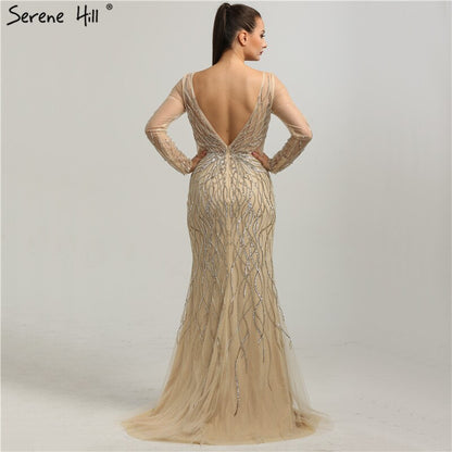 En oferta, sin devolución ni reembolso. Vestidos de noche grises de lujo de manga larga 2025. Vestido formal de sirena con lentejuelas y cuello redondo LA6418. 