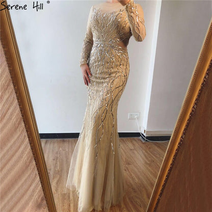 En oferta, sin devolución ni reembolso. Vestidos de noche grises de lujo de manga larga 2025. Vestido formal de sirena con lentejuelas y cuello redondo LA6418. 
