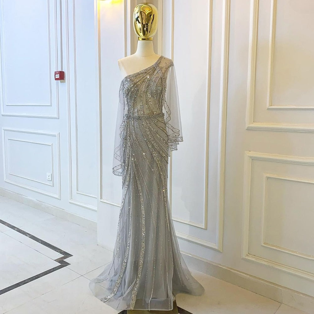 Luxus Grau One Shouder Abendkleider Kleider 2025 Meerjungfrau Perlen Elegante Für Frauen Party LA71518 