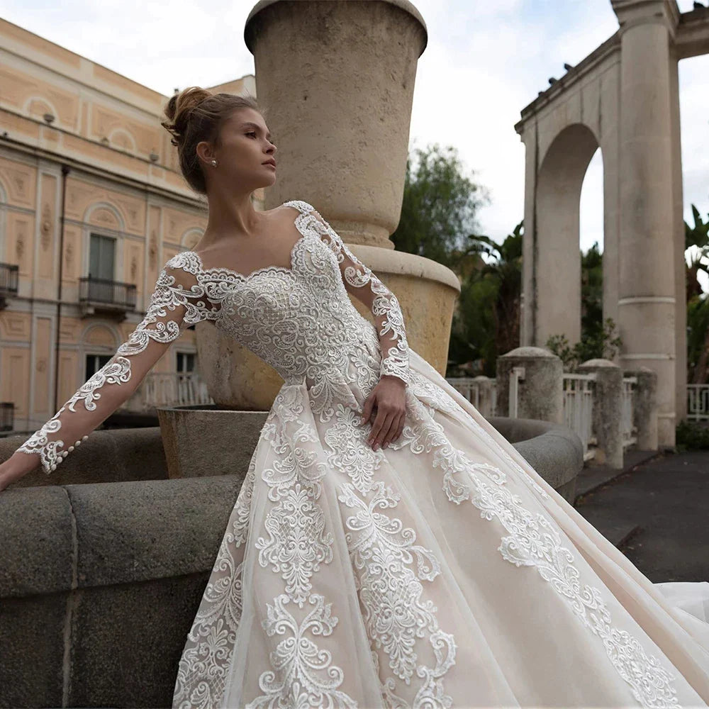 Luxury Lace Applique Wedding Dresses Long Sleeve Women's Elegant Muslim Sweetheart Fine Champagne Bridal Gowns Trailing Dress De-payinti