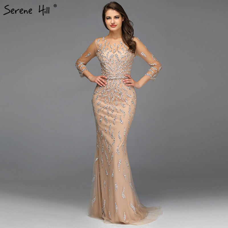 Luxury Mermaid Sparkly Grey Sexy Evening Dresses 2025 Beading Sequined Long Sleeves Formal Dress LA60892