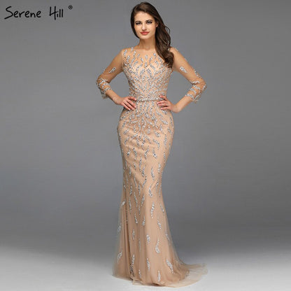 Luxury Mermaid Sparkly Grey Sexy Evening Dresses 2025 Beading Sequined Long Sleeves Formal Dress LA60892