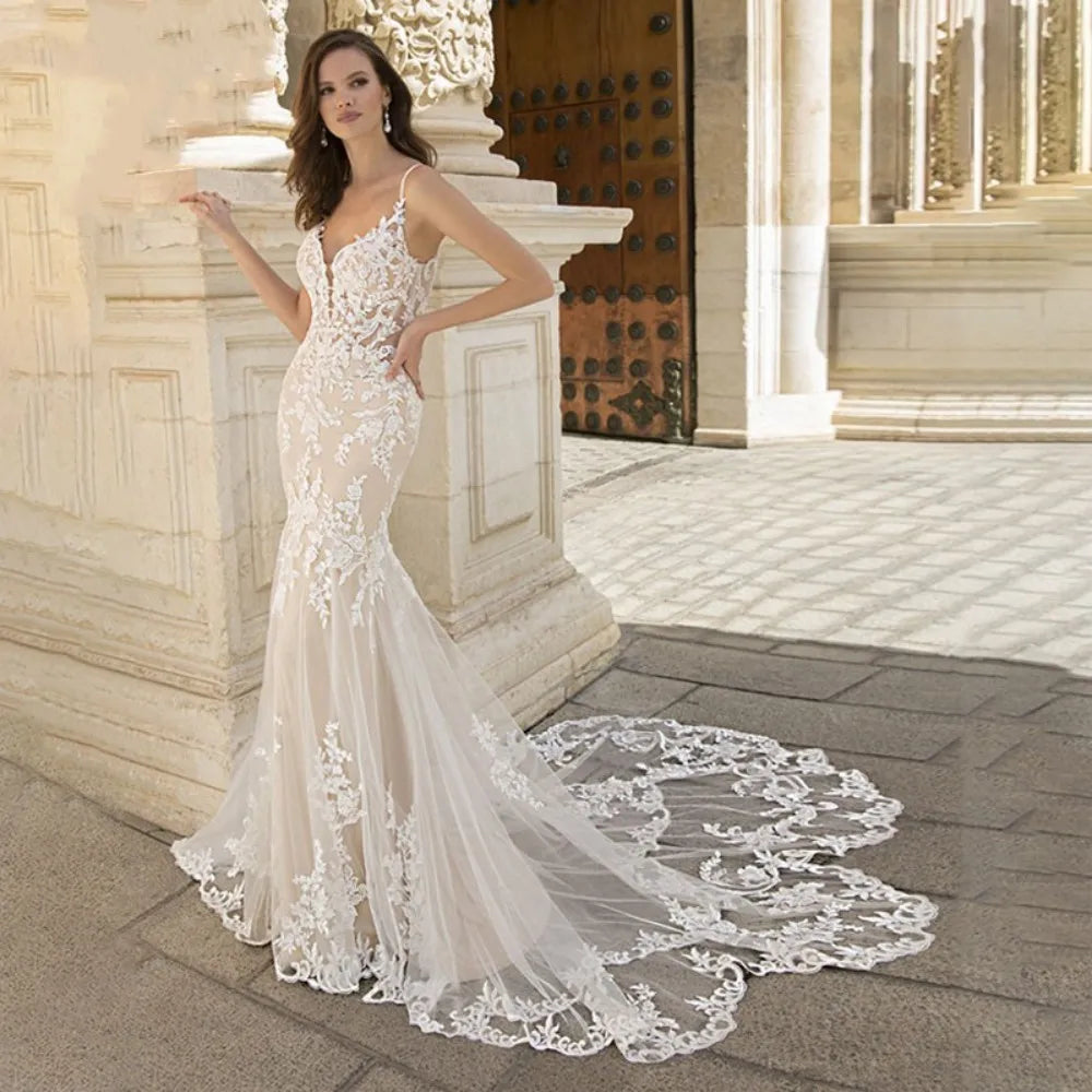 Luxury Mermaid Wedding Dress For Women Lace Appliques V-neck Spaghetti Straps Vestido De Novia Backless Bridal Gown Court Train-payinti