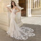 Luxury Mermaid Wedding Dress For Women Lace Appliques V-neck Spaghetti Straps Vestido De Novia Backless Bridal Gown Court Train-payinti
