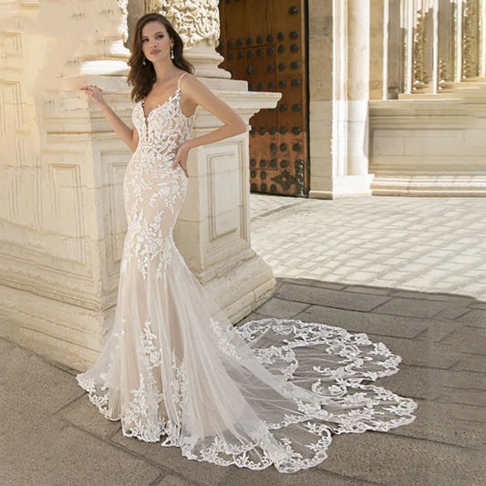 Luxury Mermaid Wedding Dress For Women Lace Appliques V-neck Spaghetti Straps Vestido De Novia Backless Bridal Gown Court Train-payinti