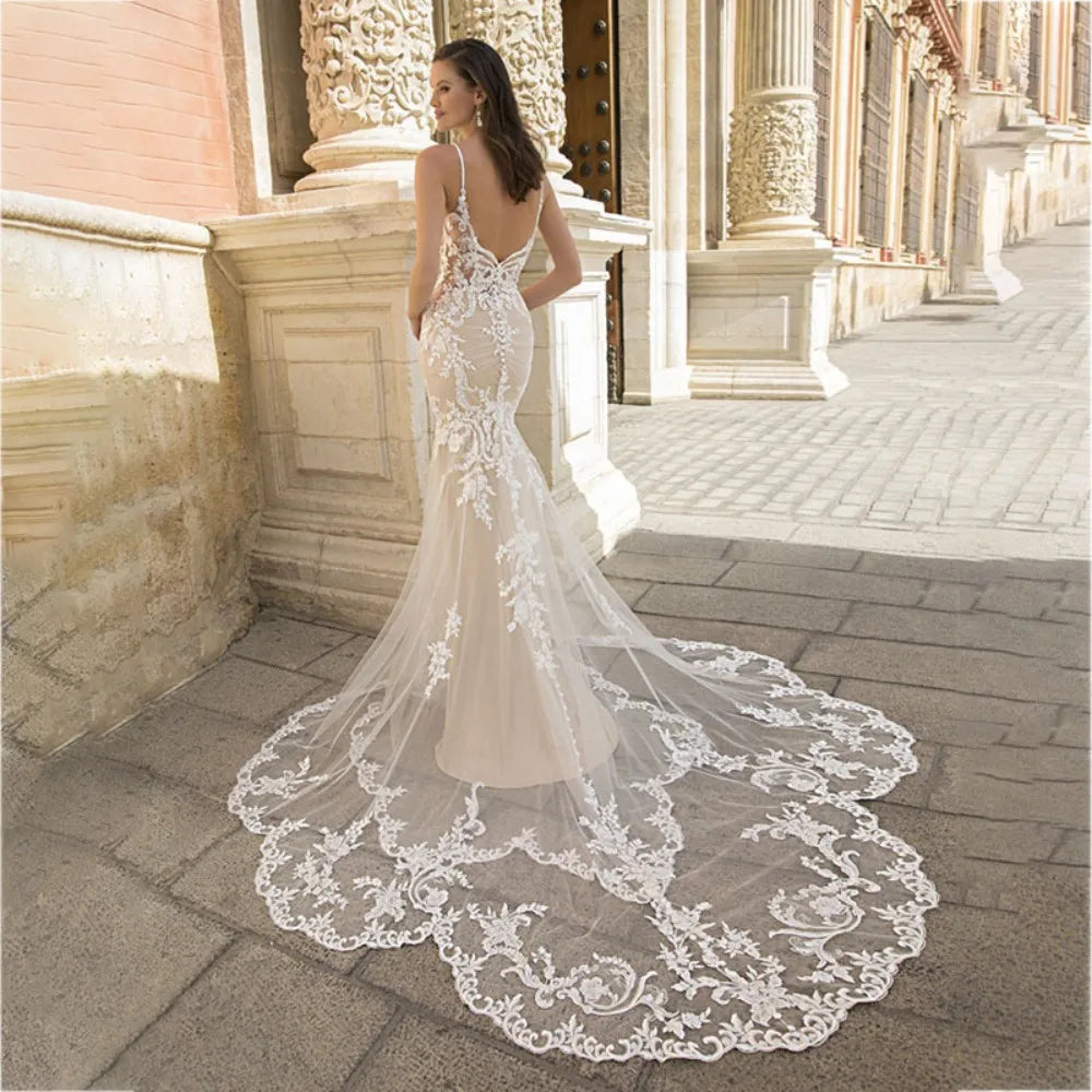 Luxury Mermaid Wedding Dress For Women Lace Appliques V-neck Spaghetti Straps Vestido De Novia Backless Bridal Gown Court Train-payinti