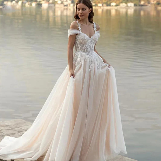 Luxury Off Shoulder Sleeveless Sexy Lace Mopping Beautiful Wedding Dresses Boho Backless Charming Simple Bridal Gowns New 2023-payinti