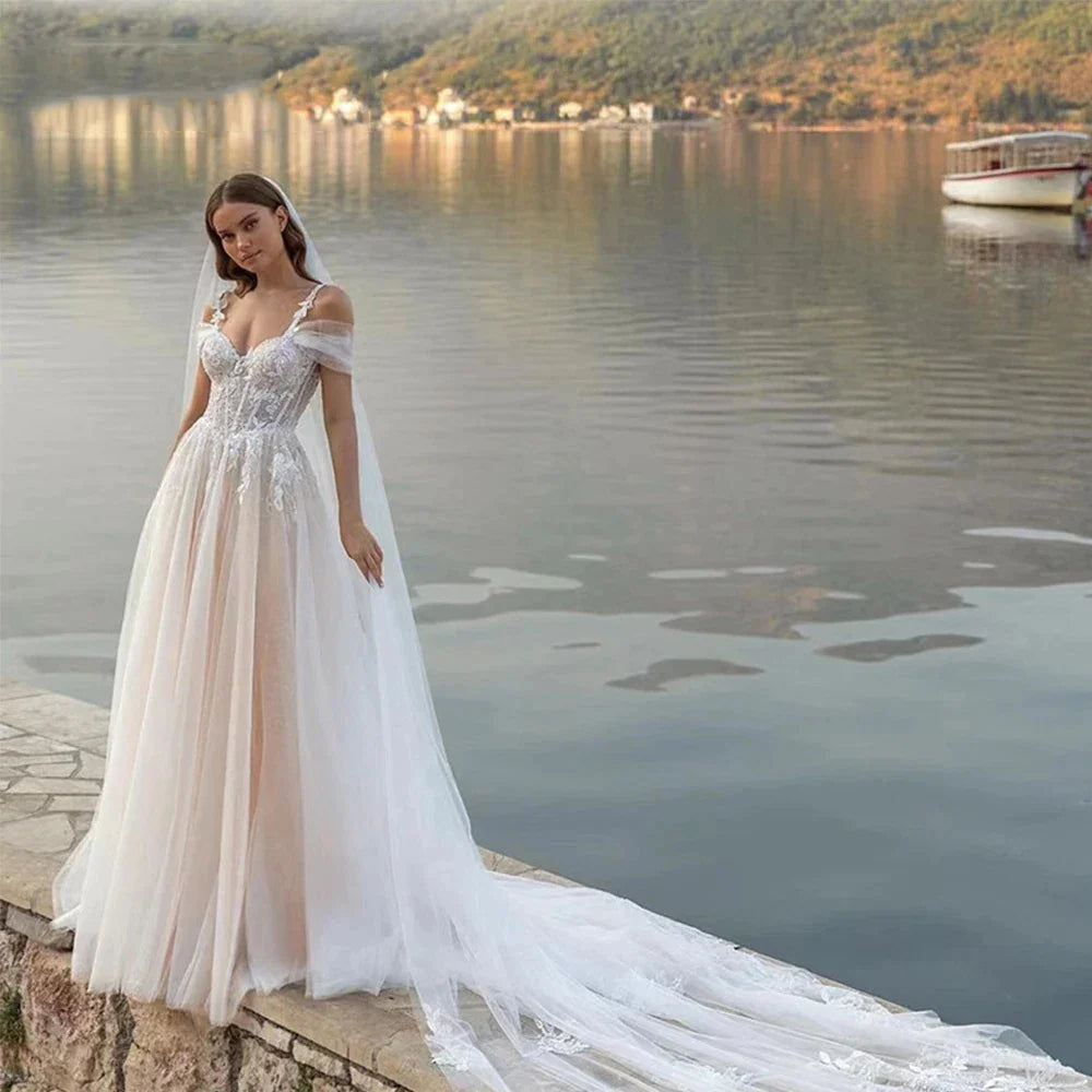 Luxury Off Shoulder Sleeveless Sexy Lace Mopping Beautiful Wedding Dresses Boho Backless Charming Simple Bridal Gowns New 2023-payinti