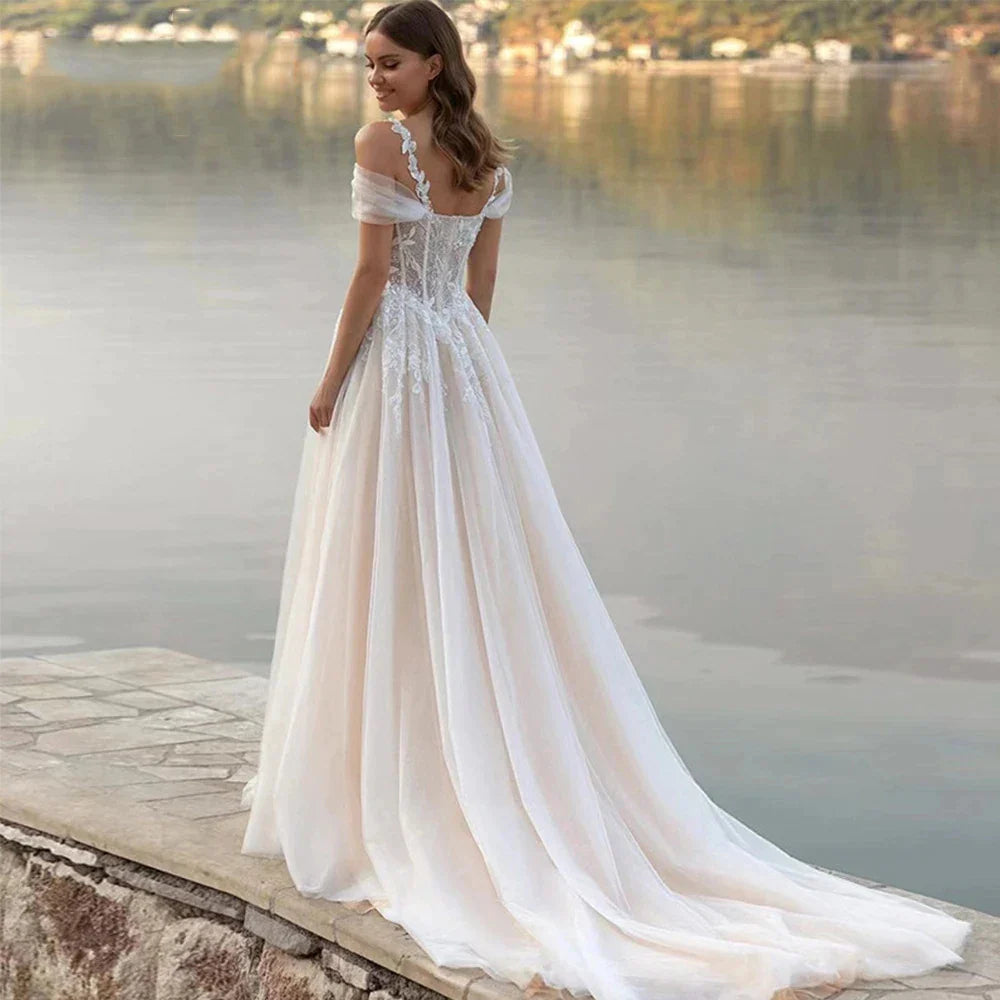 Luxury Off Shoulder Sleeveless Sexy Lace Mopping Beautiful Wedding Dresses Boho Backless Charming Simple Bridal Gowns New 2023-payinti