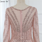 Luxury Pink O-Neck Mermaid Evening Dresses 2025 Dubai Long Sleeves Glitter Evening Gown LA70248