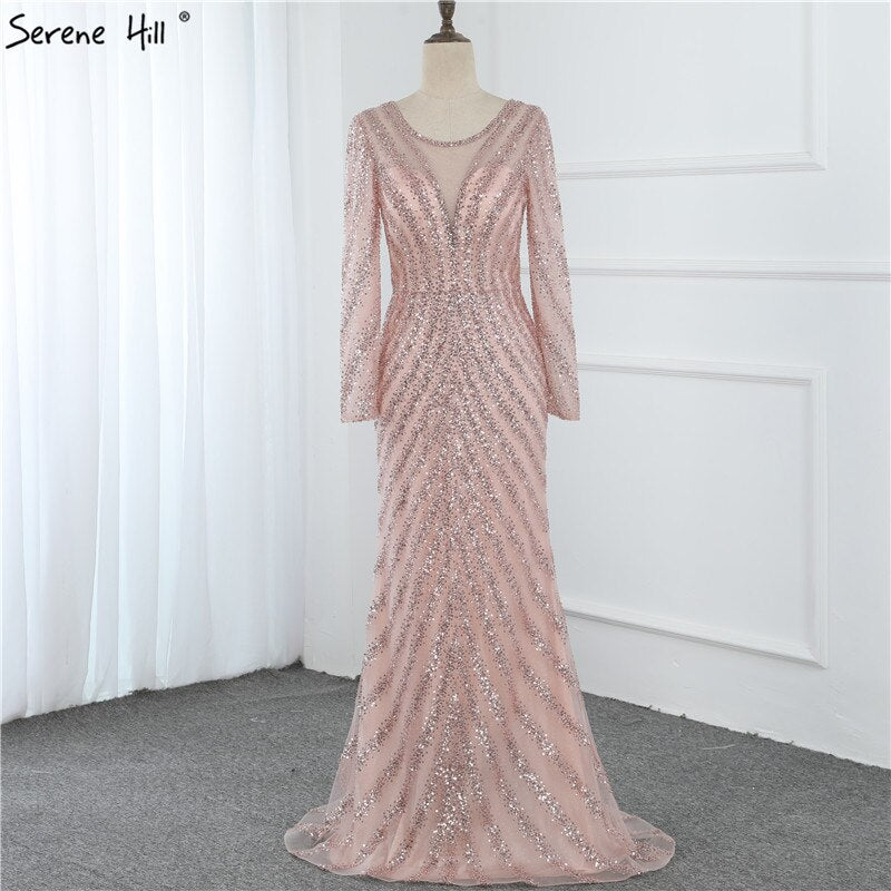 Luxury Pink O-Neck Mermaid Evening Dresses 2025 Dubai Long Sleeves Glitter Evening Gown LA70248
