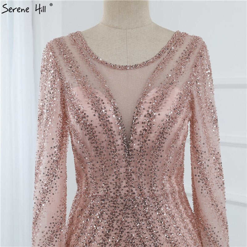 Luxury Pink O-Neck Mermaid Evening Dresses 2025 Dubai Long Sleeves Glitter Evening Gown LA70248