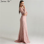 Vestidos de noche de lujo con encaje y perlas rosas, en oferta, sin devoluciones ni reembolsos, 2025, estilo sirena, bordado, mangas largas, vestidos de noche formales LA6408 