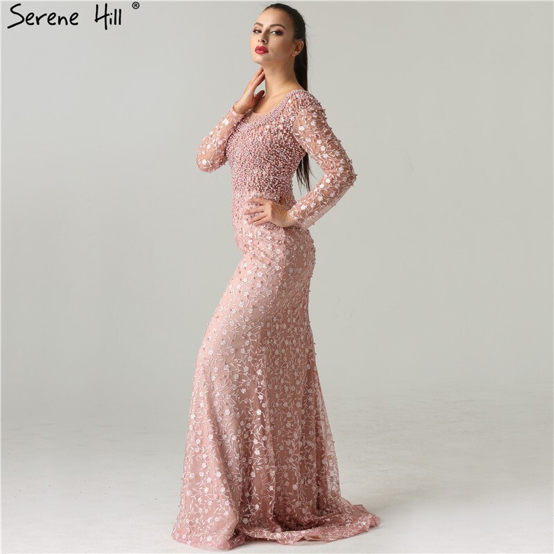 Vestidos de noche de lujo con encaje y perlas rosas, en oferta, sin devoluciones ni reembolsos, 2025, estilo sirena, bordado, mangas largas, vestidos de noche formales LA6408 