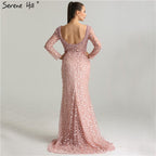 Vestidos de noche de lujo con encaje y perlas rosas, en oferta, sin devoluciones ni reembolsos, 2025, estilo sirena, bordado, mangas largas, vestidos de noche formales LA6408 
