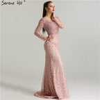 Vestidos de noche de lujo con encaje y perlas rosas, en oferta, sin devoluciones ni reembolsos, 2025, estilo sirena, bordado, mangas largas, vestidos de noche formales LA6408 