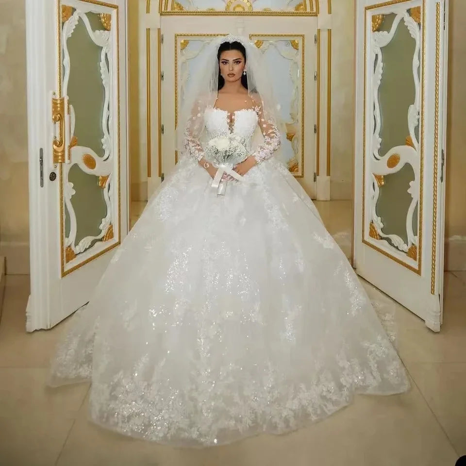 Luxury Sparkly Wedding Dresses 2024 Sheer Neck Glitter Sequins Long Sleeves Lace Applique Elegant Bridal Gowns Vestido De Novia-payinti