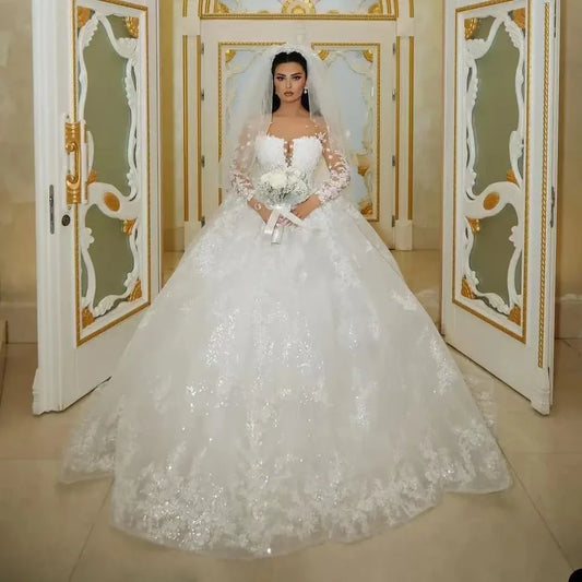 Luxury Sparkly Wedding Dresses 2024 Sheer Neck Glitter Sequins Long Sleeves Lace Applique Elegant Bridal Gowns Vestido De Novia-payinti