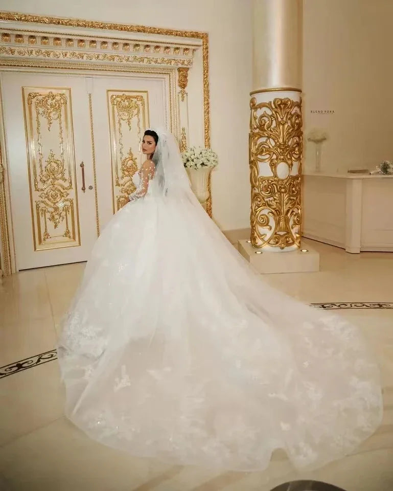 Luxury Sparkly Wedding Dresses 2024 Sheer Neck Glitter Sequins Long Sleeves Lace Applique Elegant Bridal Gowns Vestido De Novia-payinti