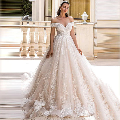 Luxury Sweetheart Ball Gown Wedding Dresses Lace Appliques Off the Shoulder Vestido Novia Backless Custom Plus Size Bride Dress-payinti