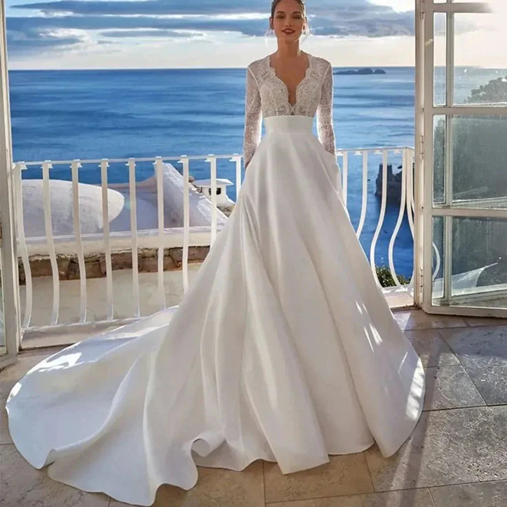 Luxury Wedding Dress For Women 2024 Modern V-neck Full Sleeves Illusion Tulle Bridal Gown A-Line Button Backless Robe De Mariée-payinti