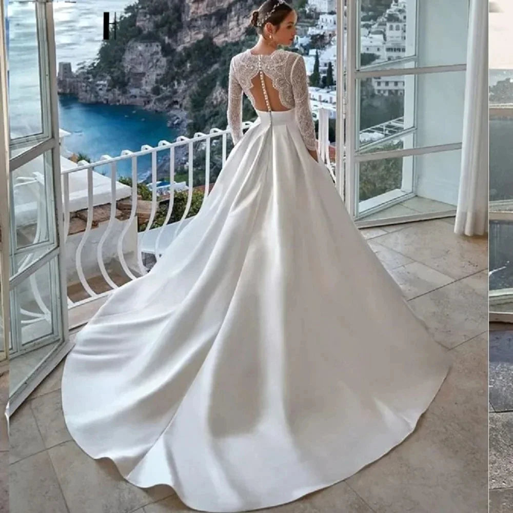 Luxury Wedding Dress For Women 2024 Modern V-neck Full Sleeves Illusion Tulle Bridal Gown A-Line Button Backless Robe De Mariée-payinti