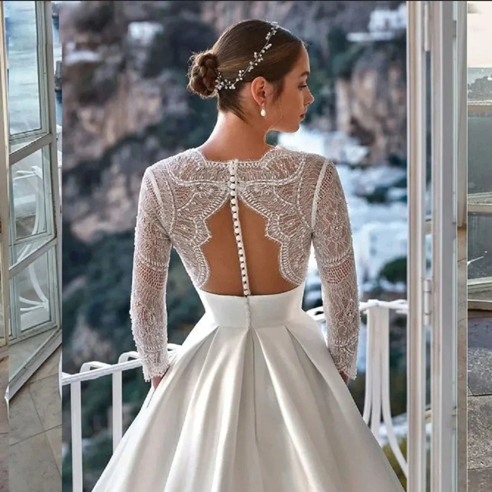 Luxury Wedding Dress For Women 2024 Modern V-neck Full Sleeves Illusion Tulle Bridal Gown A-Line Button Backless Robe De Mariée-payinti
