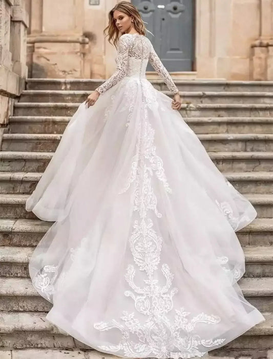 Wedding Dresses O-Neck A-Line Sexy Bridal Gowns Lace Appliques Long Sleeves Robe 2024 Vintage Vestidos De Novia Exquisite-payinti